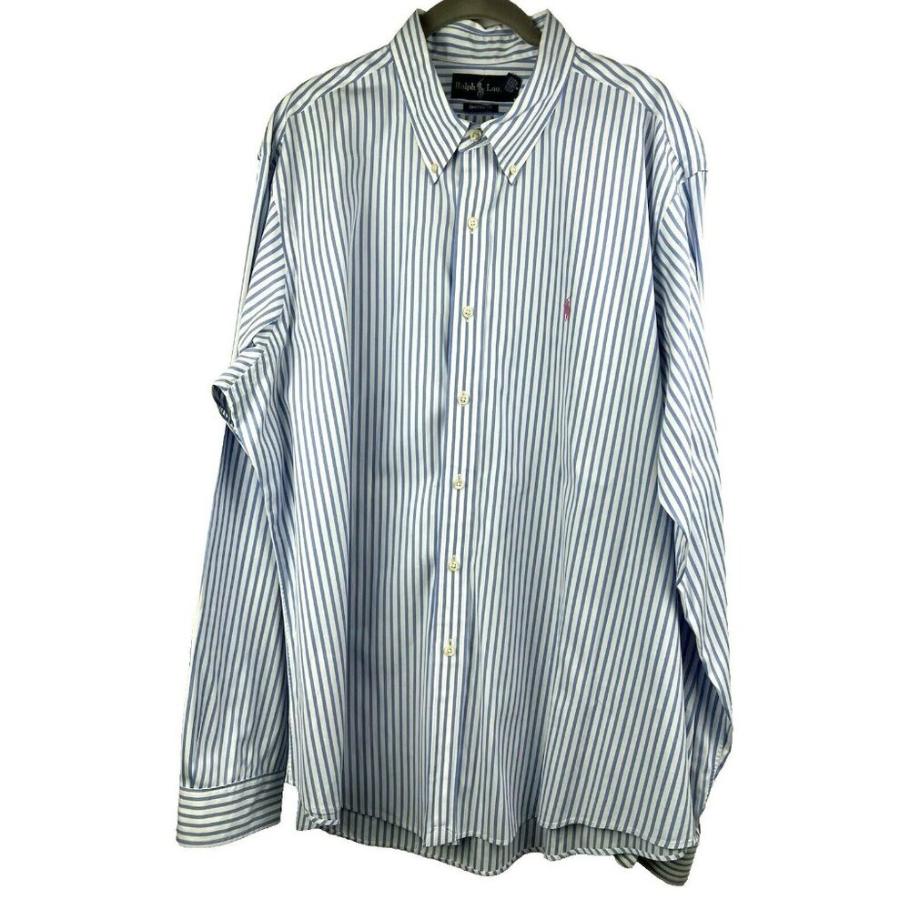 Ralph Lauren Men's Shirt XXL 2XL Blue White Stripe Pink Pony Cotton Long Sleeve